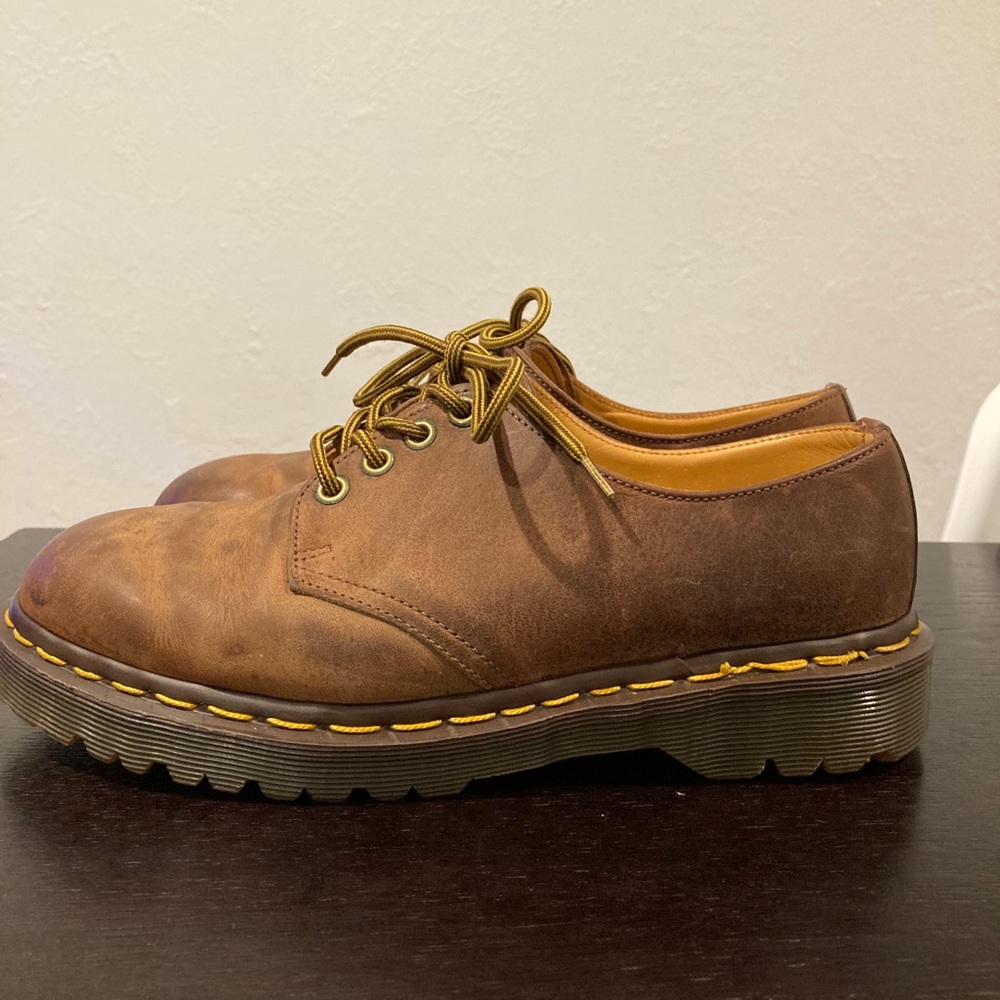 Dr. Martens Brown Leather Derby Shoes with Yellow Stitching